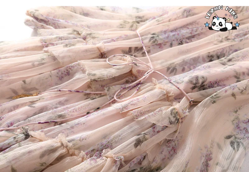 LEZONKIDS - Custom Autumn Girl Dress Floral Printed Imitation Silk Splice Irregular Beach Long Dresses